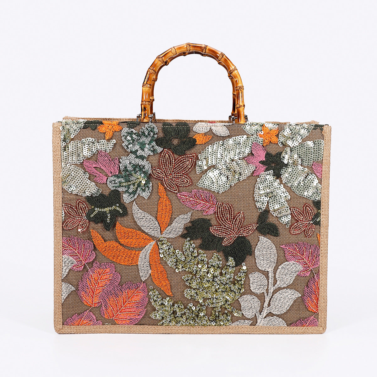 AUTUMNLEAF | BOTANICAL SEQUIN BAMBOO HANDLE TOTE BAG