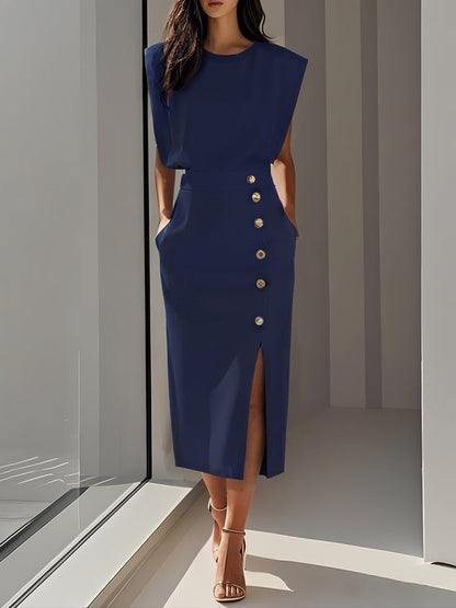 GENEVIEVE | PADDED SHOULDER BUTTON DETAIL MIDI DRESS WITH SLIT