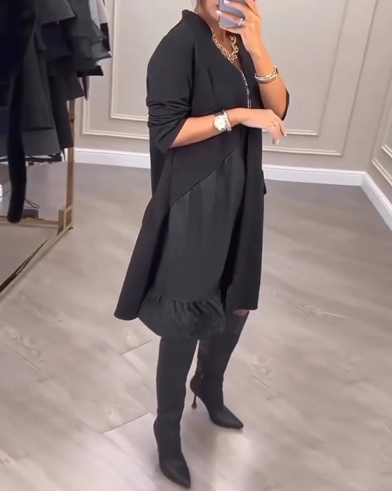COLLEEN | ZIP-FRONT V-NECK SWING DRESS WITH RUFFLE HEM