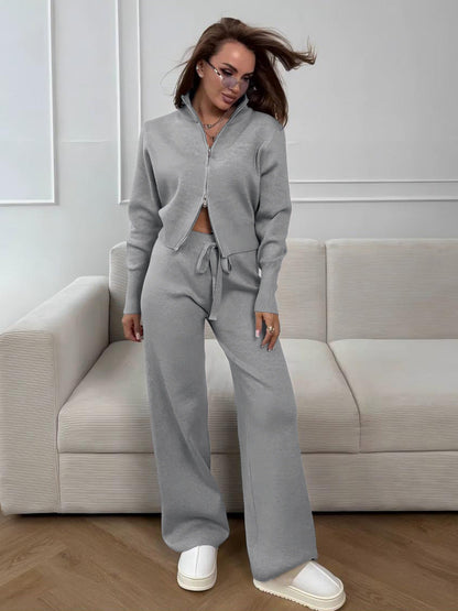 ISLA | KNIT 2 PIECE SET – DRAWSTRING WIDE LEG PANTS WITH ZIP JACKET TOP