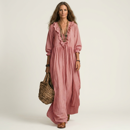 PALOMA | RUFFLE V-NECK STRIPED LANTERN-SLEEVE MAXI DRESS