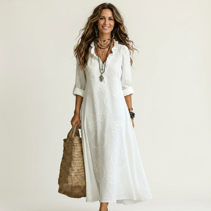 ODALYS | MAXI DRESS WITH TONAL FLORAL EMBROIDERY