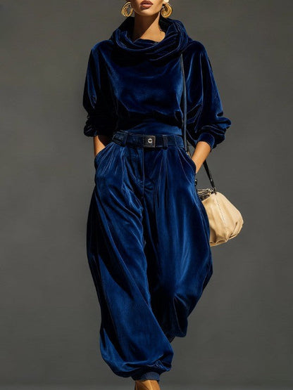 FREYA | VINTAGE BROWN VELVET HOODIE AND LOOSE FITTING TROUSERS SET