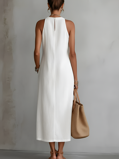 TERESA | RELAXED EMBROIDERED MANDARIN COLLAR MIDI DRESS
