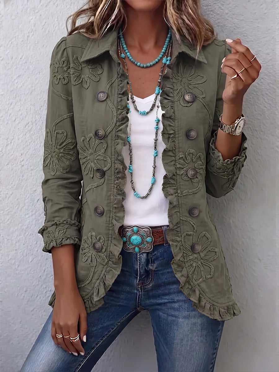 KAMBERLY | BOHO-CHIC FLORAL EMBROIDERED UTILITY RUFFLED TRIM JACKET