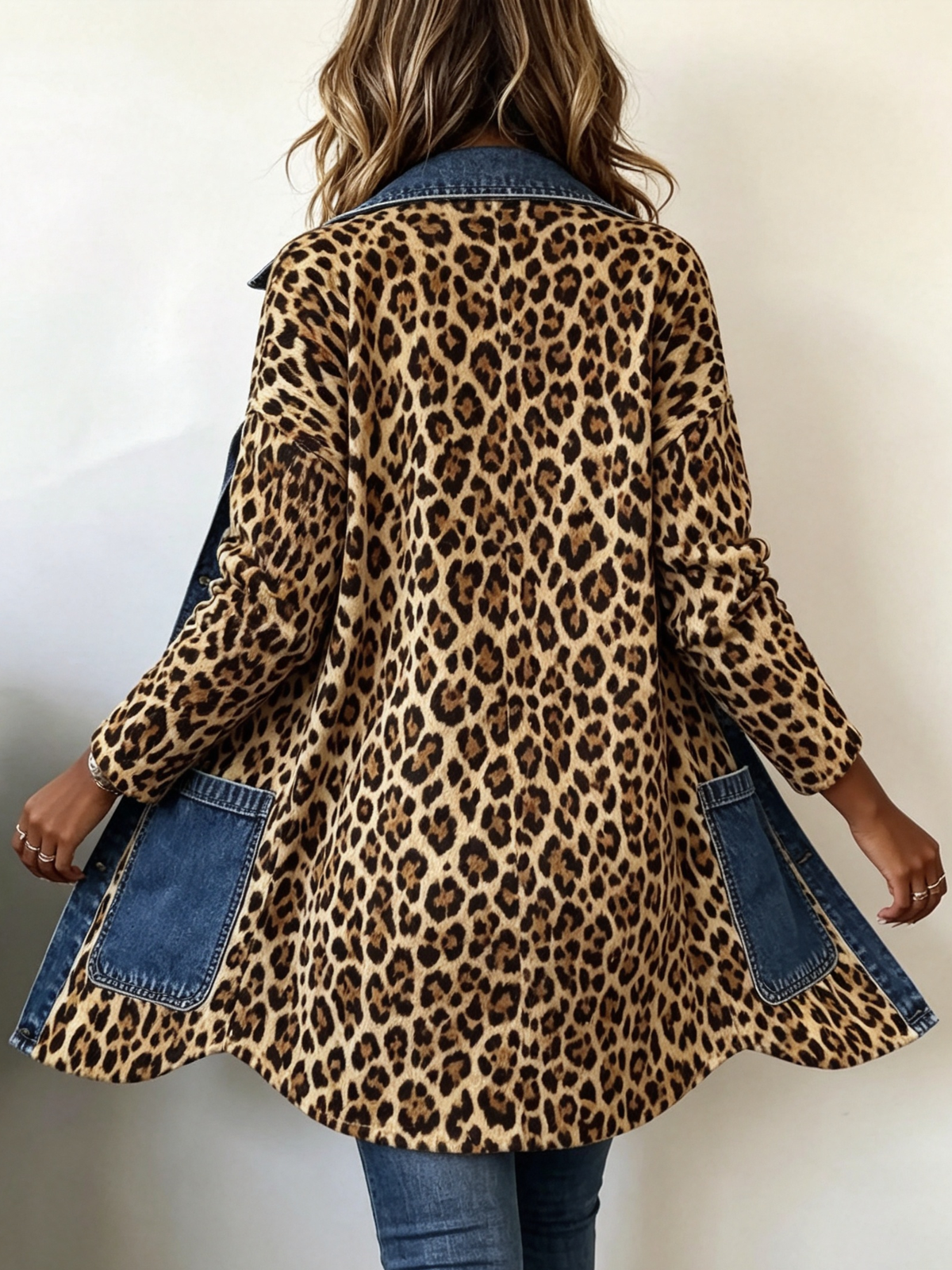 FABLENNE | LEOPARD PRINT DENIM PANEL CONTRAST LONGLINE JACKET