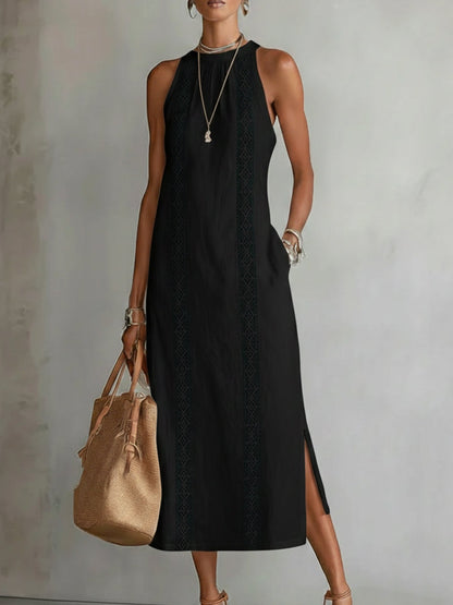 TERESA | RELAXED EMBROIDERED MANDARIN COLLAR MIDI DRESS