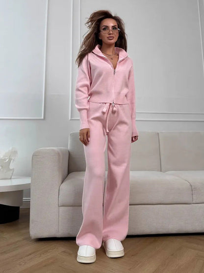 ISLA | KNIT 2 PIECE SET – DRAWSTRING WIDE LEG PANTS WITH ZIP JACKET TOP